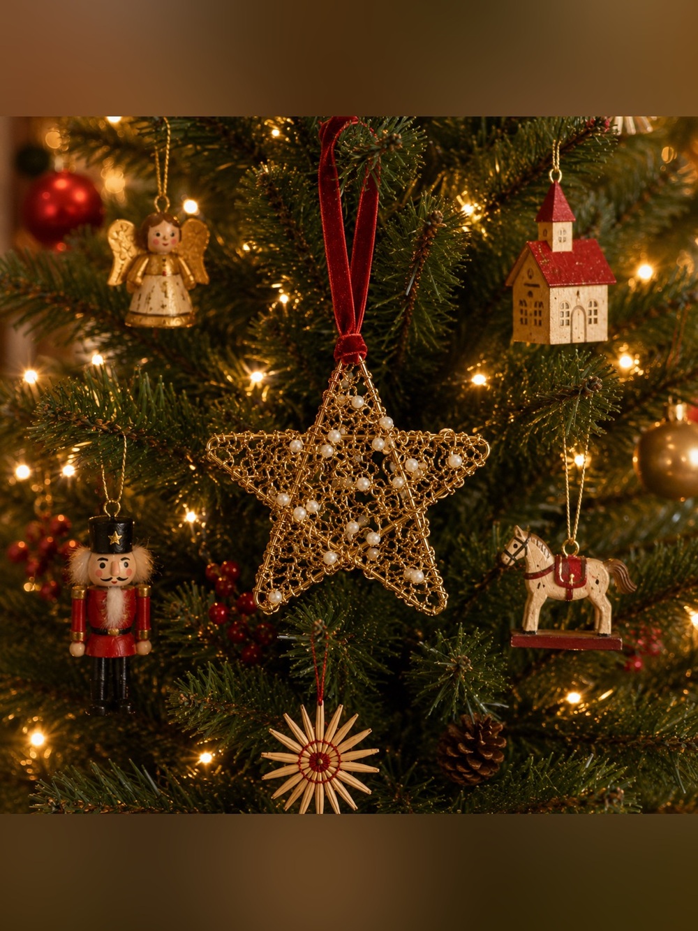 Vintage Gold Wire 5 Point Star Ornament Faux Pearl Glass Beads Christmas